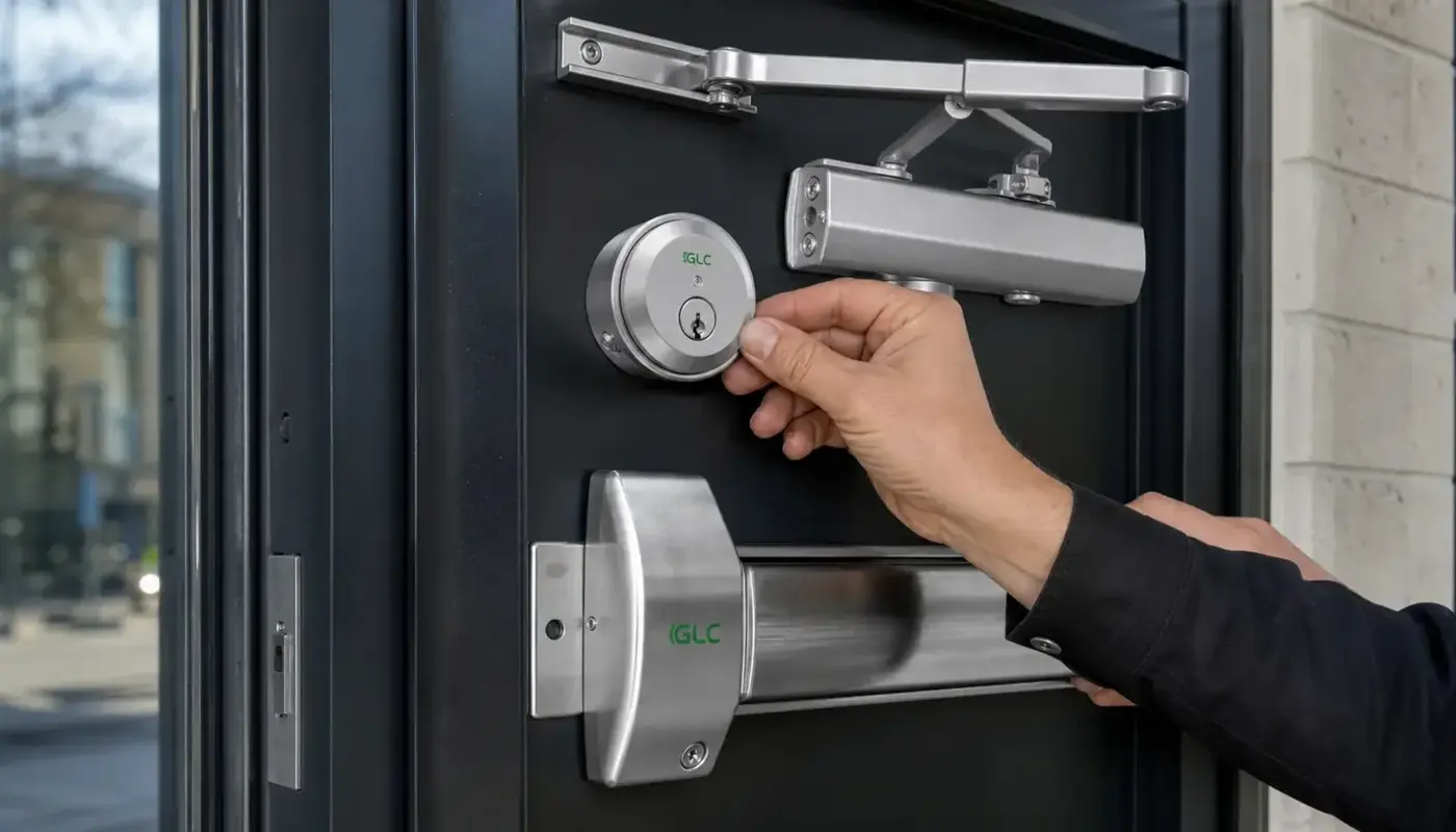 Commercial door closer, panic bar, and lock cylinder shown together on an entry door