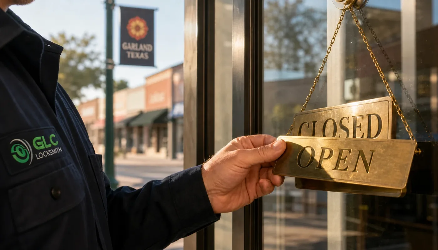 GLC Locksmith open and closed sign, Garland TX business hours