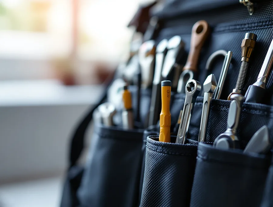 Organized locksmith hand tools in a portable service bag