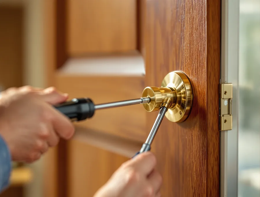 Hands using locksmith tools while fitting a brass lock on a residential door