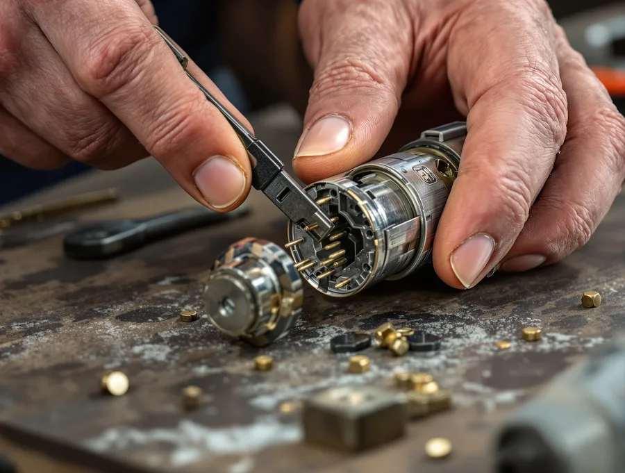 Hands repinning a disassembled lock cylinder with small brass pins