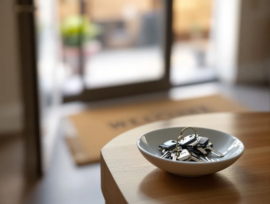 House keys in a bowl with moving boxes visible near the entryway