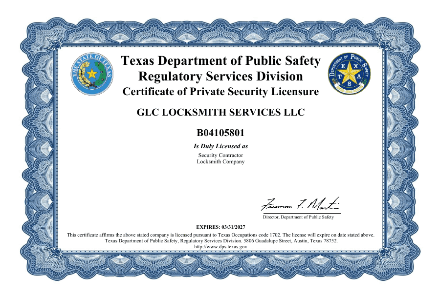GLC Locksmith Service - Texas Department of Public Safety Certificate of Licensure #B04105801