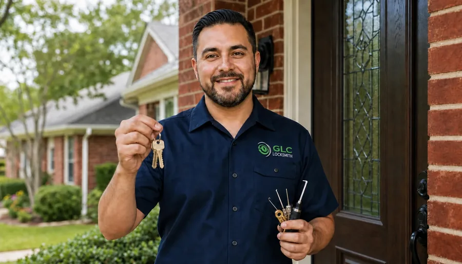 GLC Locksmith technician wearing a branded uniform at a Garland TX residential front door